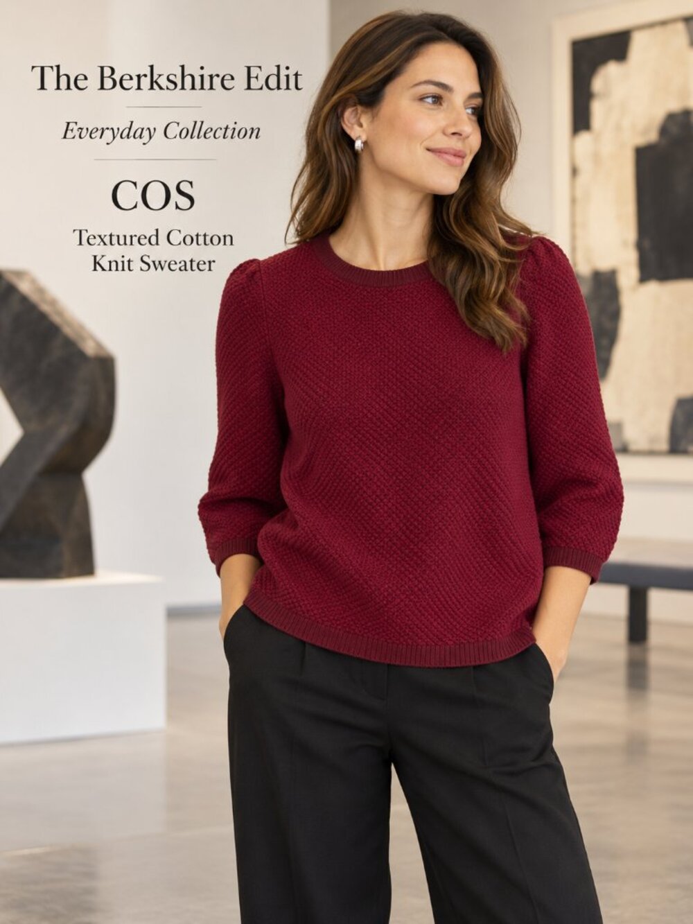 COS Burgundy Textured Cotton Knit Crewneck Sweater Size S Minimalist